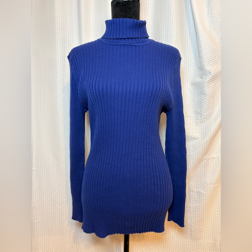 Jessica London 100% cotton blue asymmetrical ribbed turtleneck sweater tunic